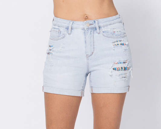 Judy Blue Lt. Washed Distressed Aztec Shorts