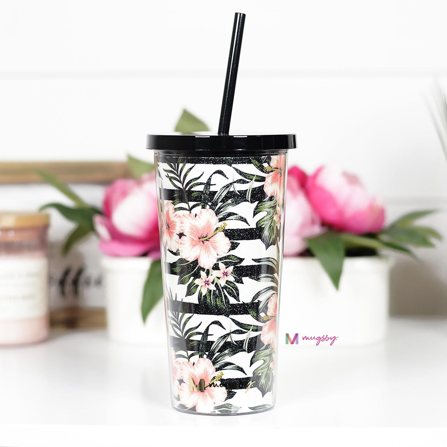 Tropical Florals with Stripes Tumbler